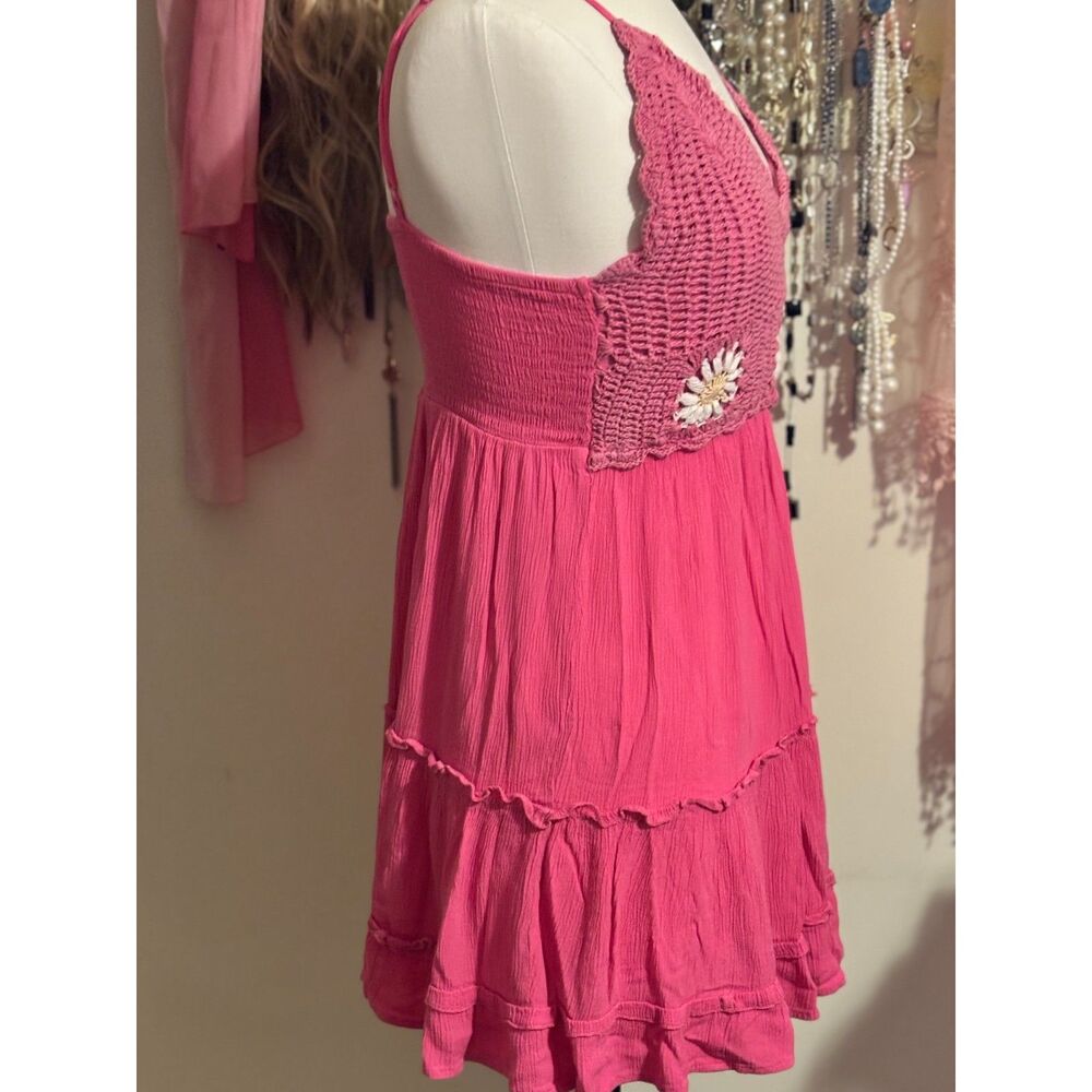 Blush Pink Crochet Daisy Bodice Tiered Babydoll Mini Dress Boho Festival Size S - Picture 6 of 6